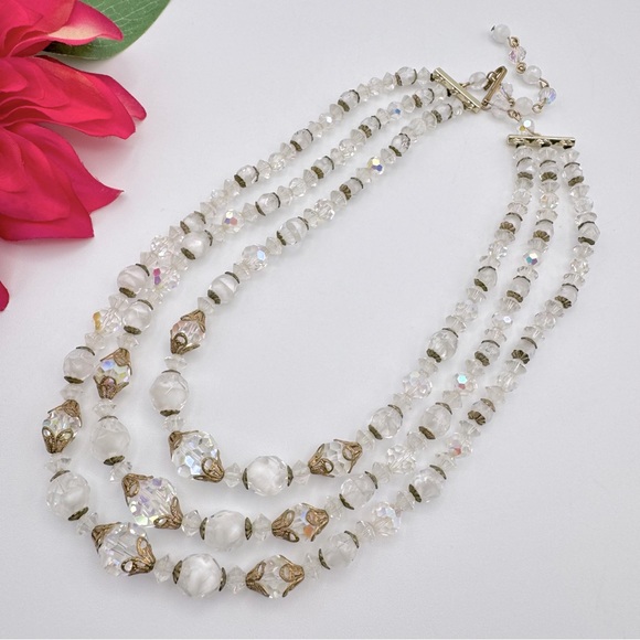 Vintage Givre Glass AB Crystal Bead Triple Strand Necklace Filigree Romantic - Picture 6 of 15